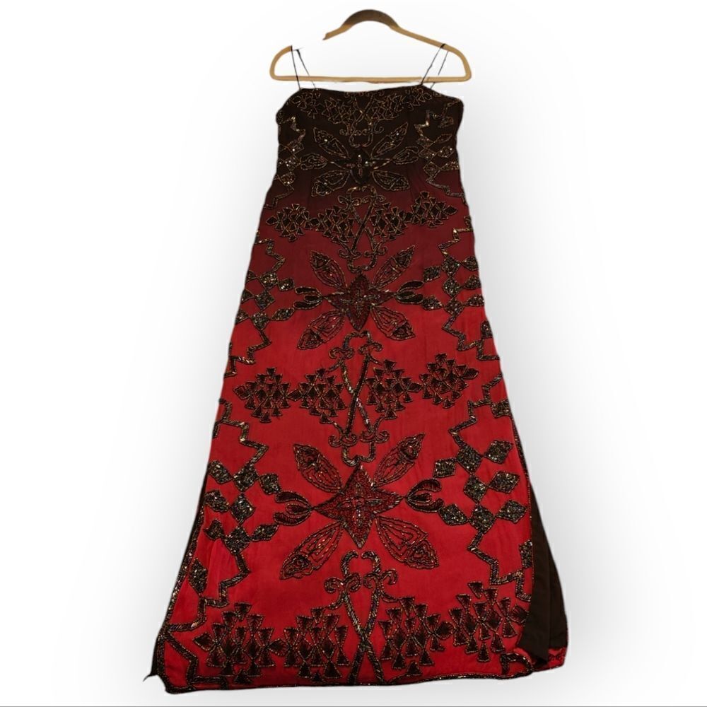 VTG LAURENCE KAZAR OMBRE BLACK RED BEADED SILK MAXI DRESS SIZE M - Picture 6 of 11